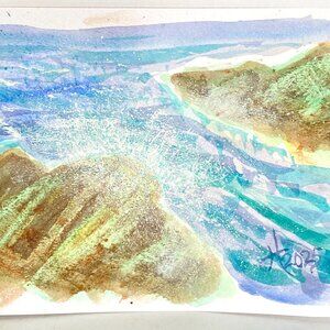 Beach Splash Original Seascape Watercolor Painting Matted Frame Ready 8x10in Mat